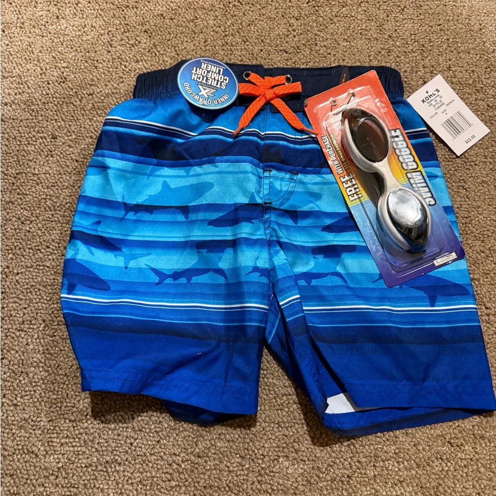NWT ZeroXposur Kids Blue Shark Print Swim Shorts with Goggles